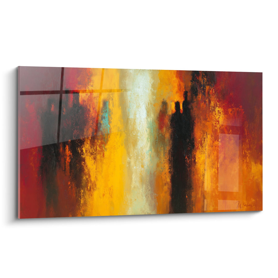 Tableau abstrait flammes oranges et jaunes sur fond rouge - Éruption céleste - Edition Feng shui Sud Feu