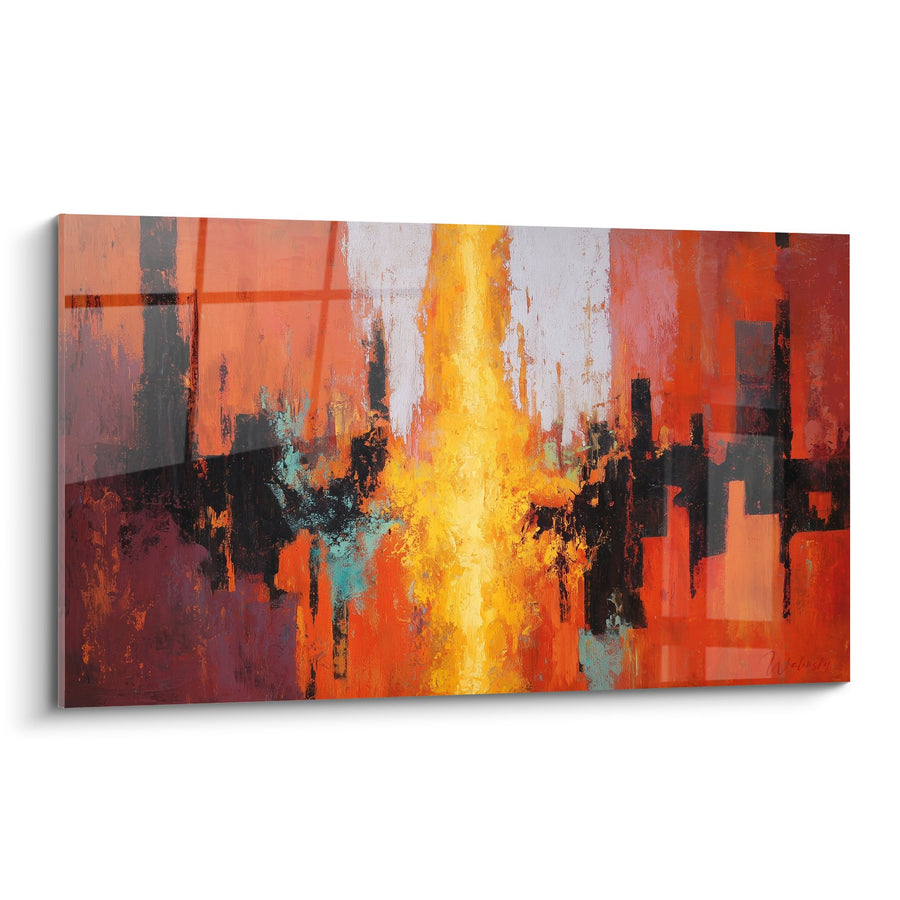 Tableau Abstrait Flammes Oranges et Jaunes sur Skyline Urbaine - Embrasement Métropolitain - Edition Feng shui Sud Feu