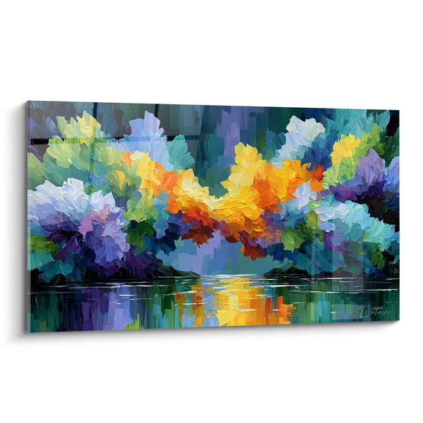 Tableau Frondaisons orange et bleu sur miroir d'eau - Reflet lacustre nocturne - Edition style Peinture abstrait