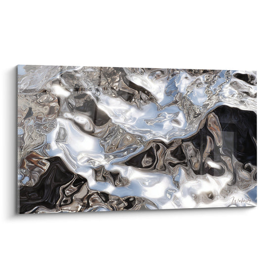 Tableau abstrait fluide argent noir et bleu aux reflets metalliques feng shui ouest metal