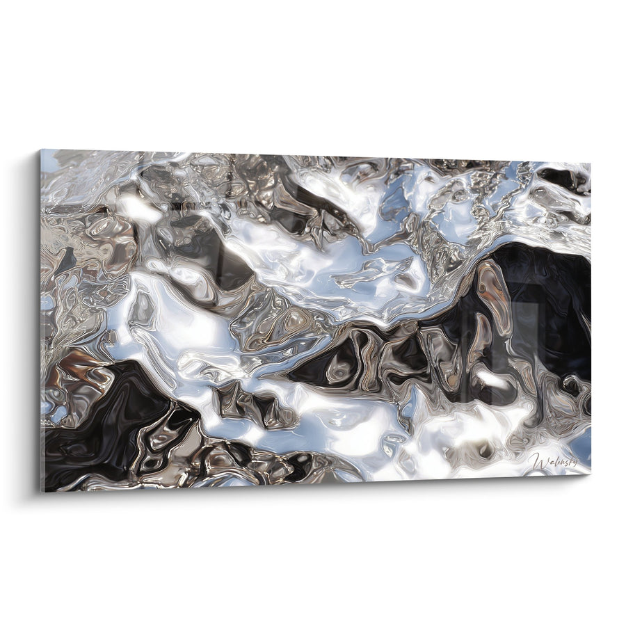 Tableau Abstrait Fluide Argent Noir et Bleu - Métal Liquide - Edition Feng shui Ouest Métal