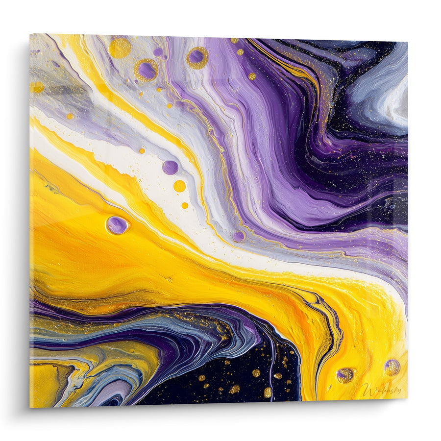 Tableau abstrait fluide aux couleurs dorées violettes et noires - Flux Cosmique - Edition Feng shui Sud-Est Bois
