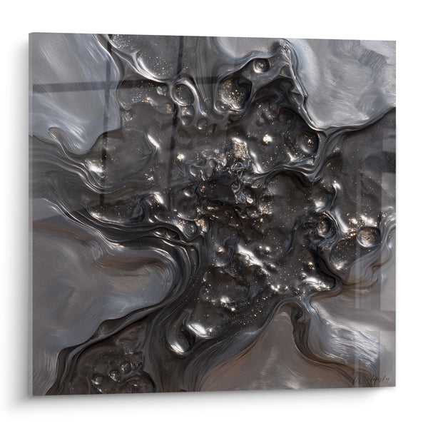 Cuadro abstracto fluido gris plateado con destellos dorados - Cosmos Líquido - Edición Feng Shui Noroeste Metal