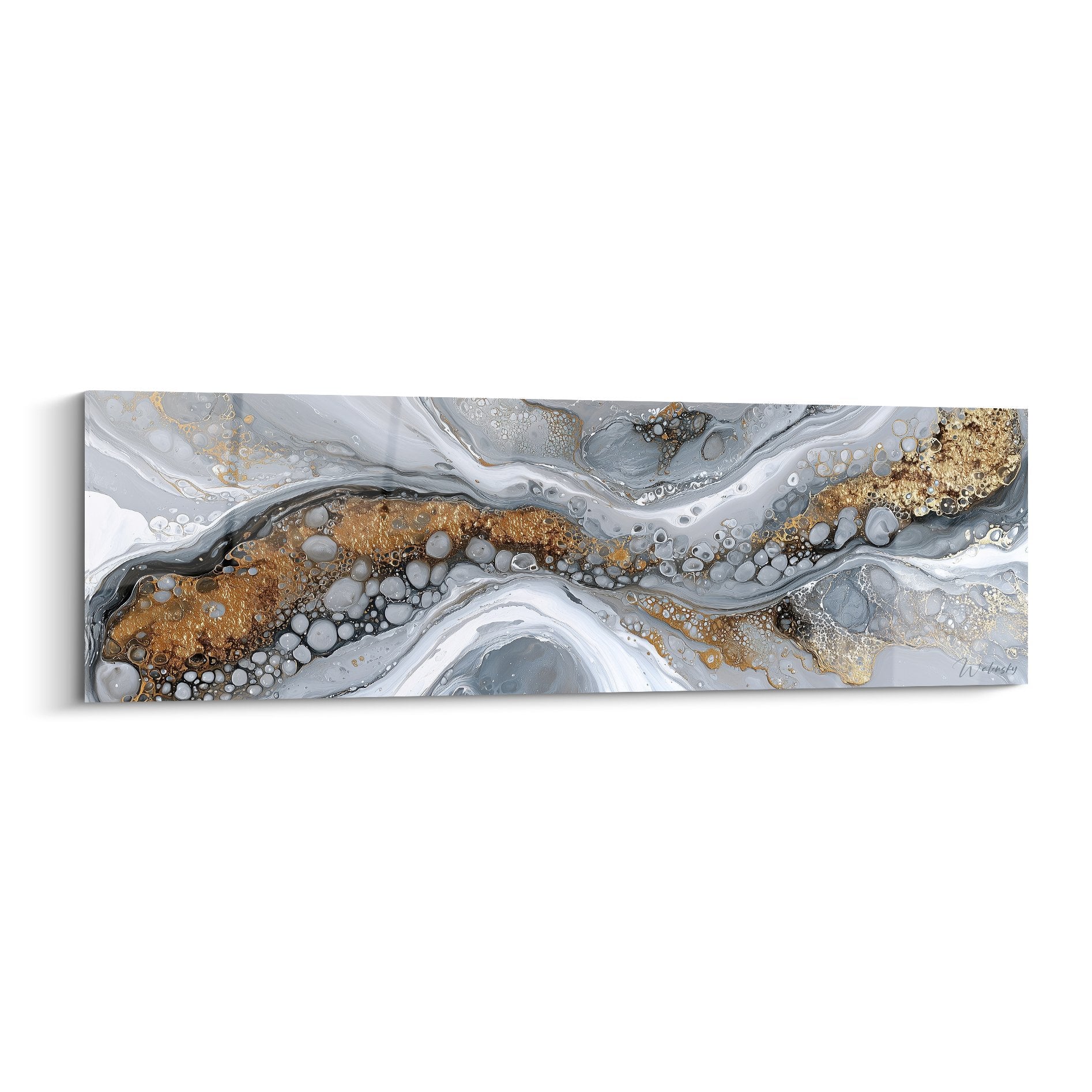 tableau abstrait fluide gris et or avec bulles metalliques feng shui nord ouest metal