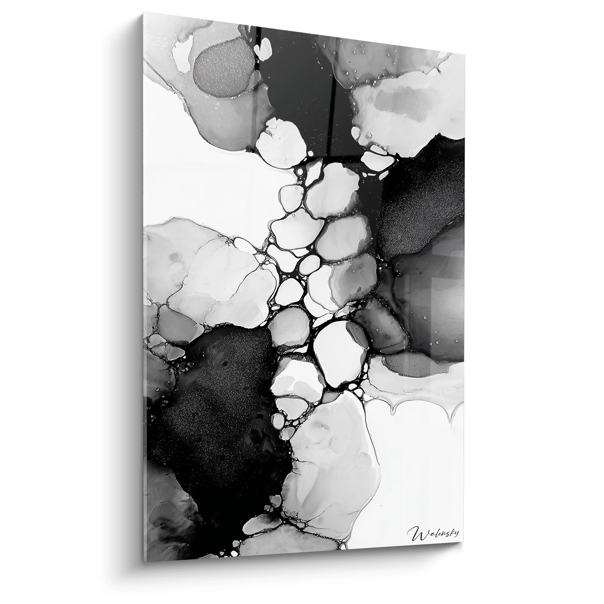 Tableau abstrait fluide noir et blanc avec formes organiques et bulles interconnectées pour décoration moderne