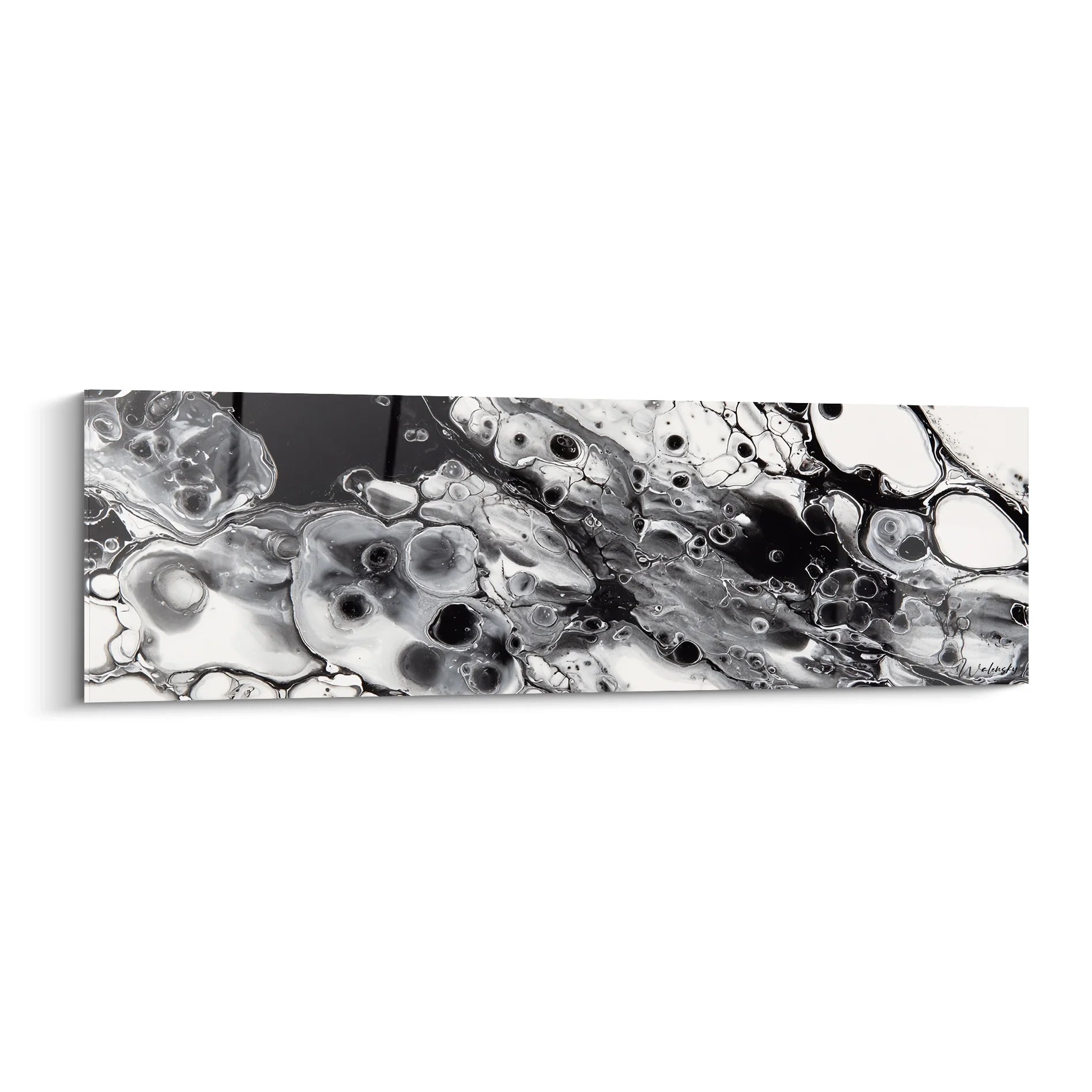 Tableau abstrait fluide noir et blanc aux formes organiques marbrées pour décoration murale moderne