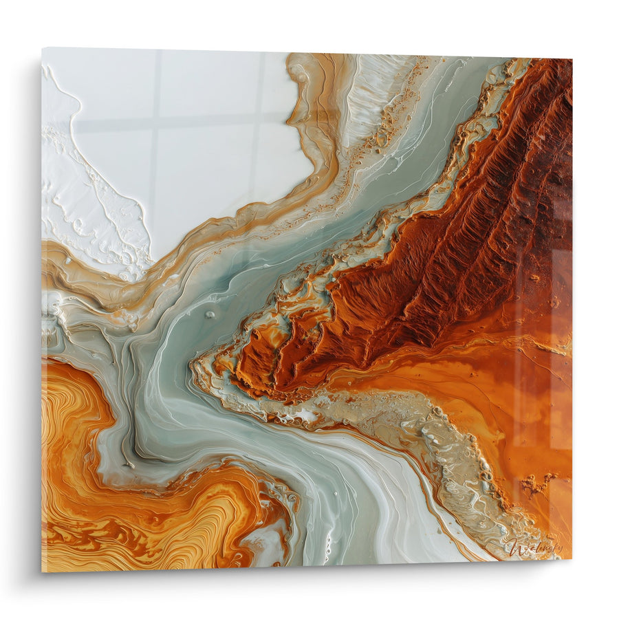 Tableau abstrait fluide orange rouille et gris vert - Terre en mouvement - Edition Feng shui Nord-Est Terre