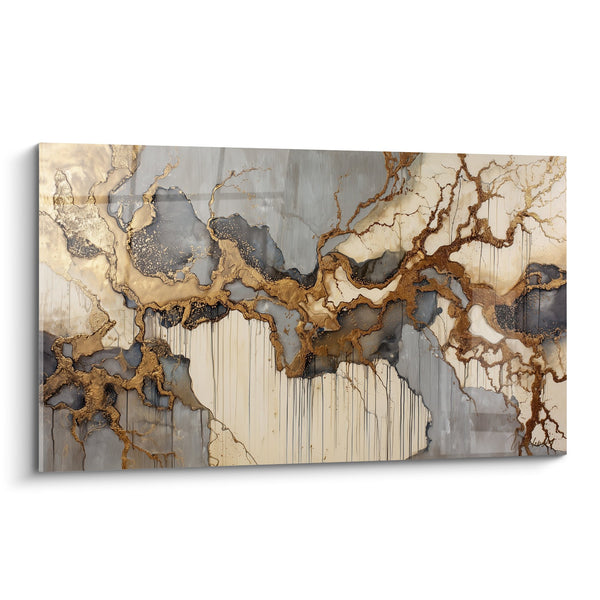 Abstract schilderij organische stromen beige goud - Terres Mouvantes - Editie Feng Shui Noordoost Aarde
