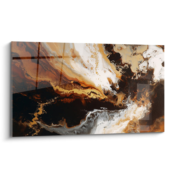 Abstract Schilderij Gouden en Bruine Vloeistoffen - Aardse Fusie - Feng Shui Centrum Aarde Editie
