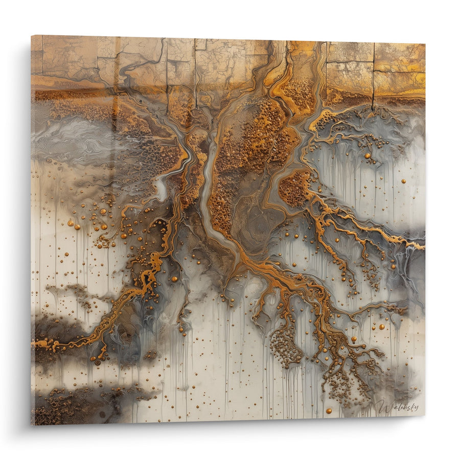 Tableau Abstrait Fluides Dorés et Gris - Rivières Dorées - Edition Feng shui Nord-Est Terre