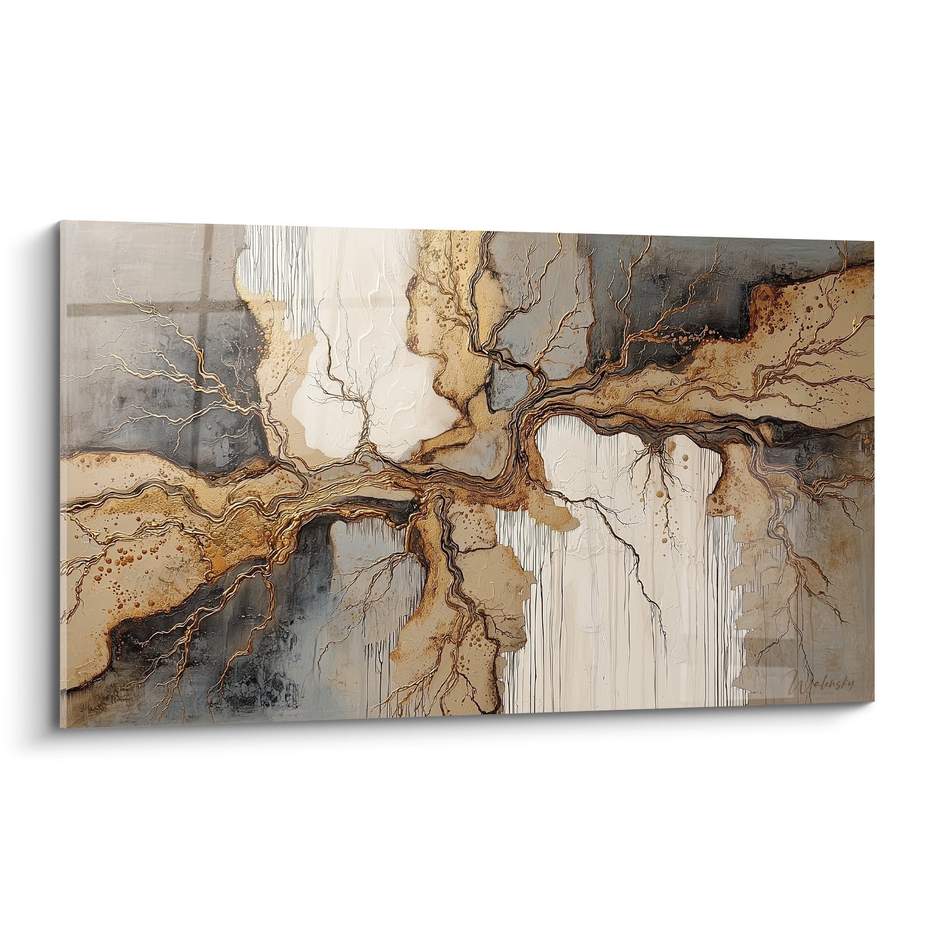 Abstract painting with fluid organic shapes ochre beige and gray with white vertical drips feng shui