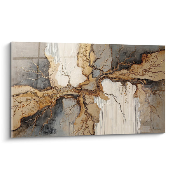 Abstract schilderij met organische vloeistoffen in oker en grijs - Aarderivieren - Feng shui Noordoost Aarde-editie
