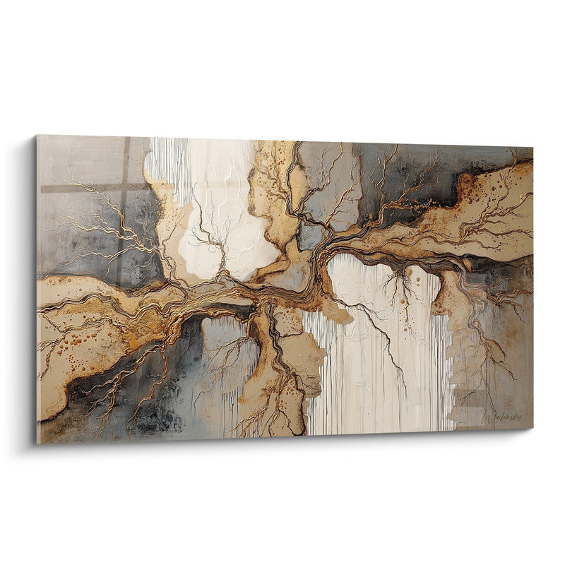 Abstract painting with organic ochre and grey fluids - Rivers of earth - Feng Shui Northeast Earth Edition