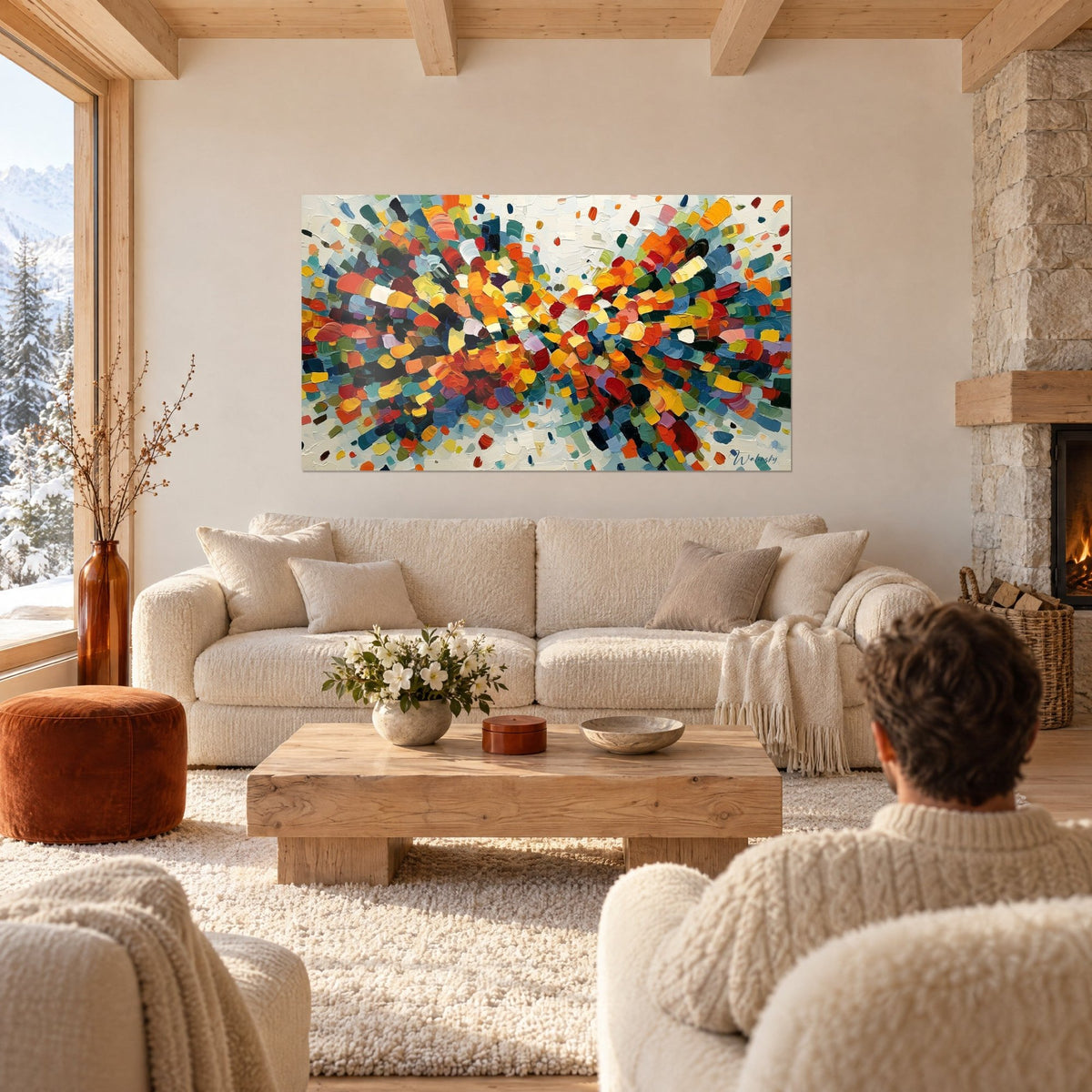 Wall art mosaic of orange, blue and bright yellow brushstrokes radiating from the center, couple seen from behind, above a sofa in a bright living room
