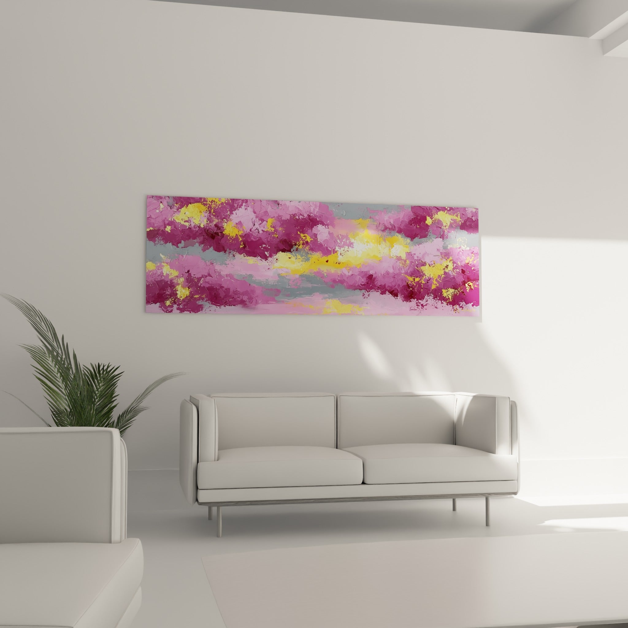 Composition abstraite fuchsia et gris anthracite aux éclats jaunes, au-dessus d'un canapé dans un salon lumineux