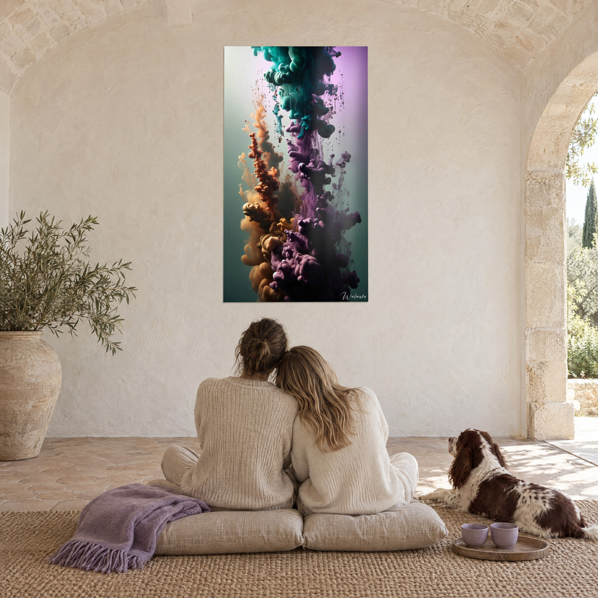 Schilderij met een ballet van gekleurde rookwolken in lavendel, amber en petrol, voor een omhelzend koppel en een spaniël op kussens