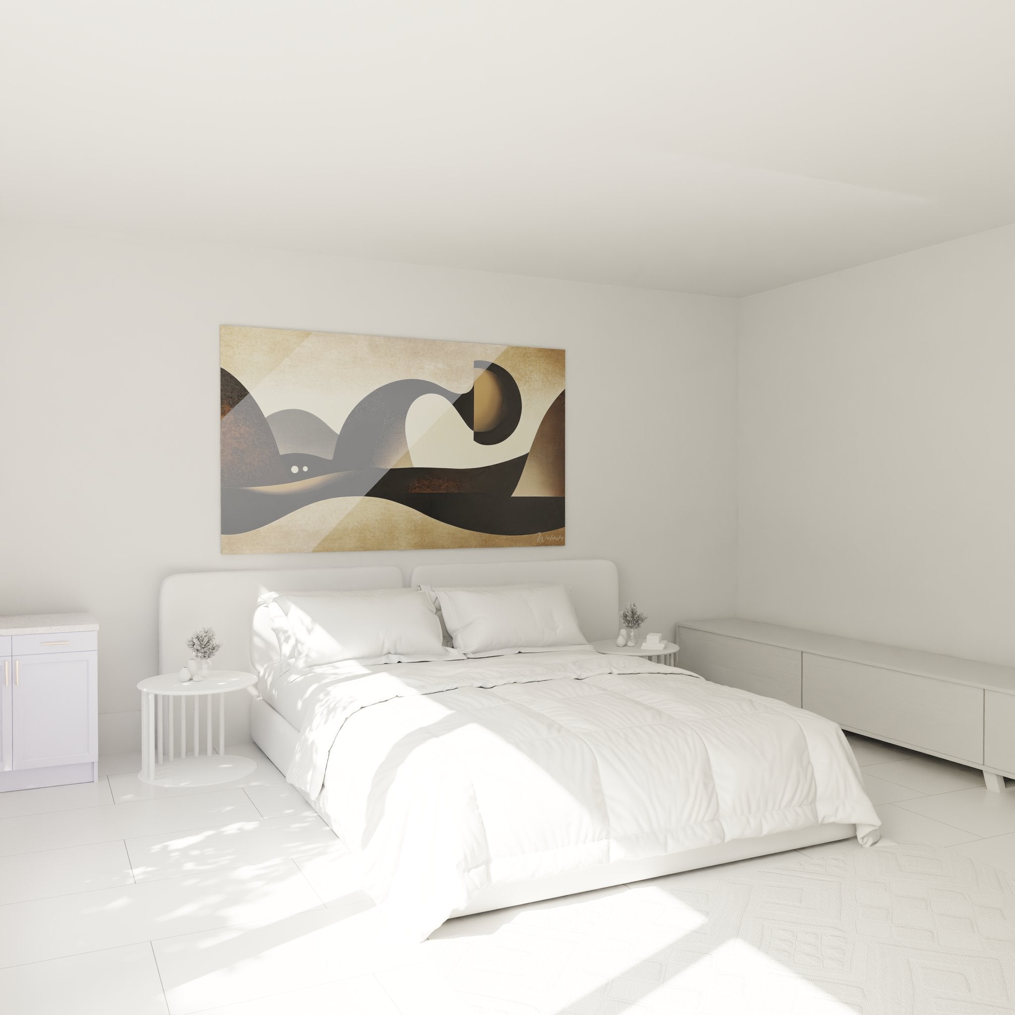 Ambiance chambre avec tableau abstrait formes organiques décoration murale moderne