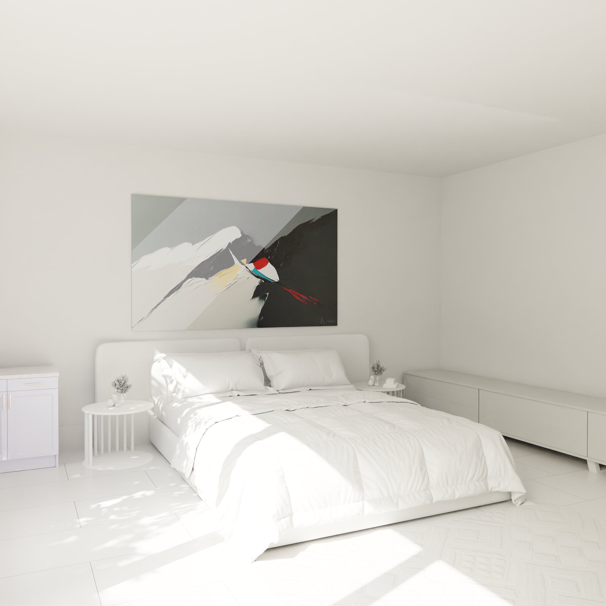 Tableau abstrait géométrique dans ambiance chambre moderne avec décoration contemporaine