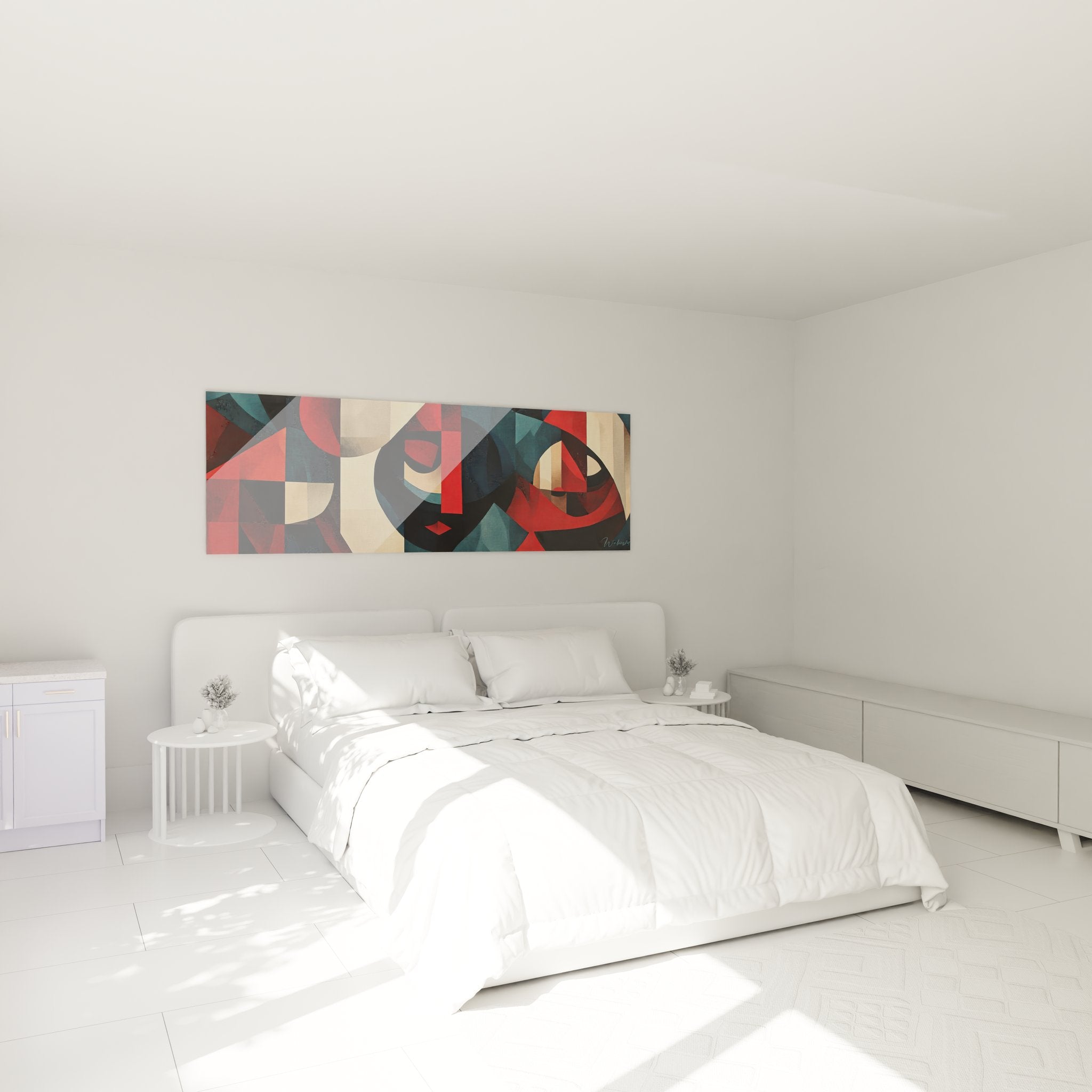 Tableau géométrique abstrait formes courbes installé au dessus lit chambre décoration moderne