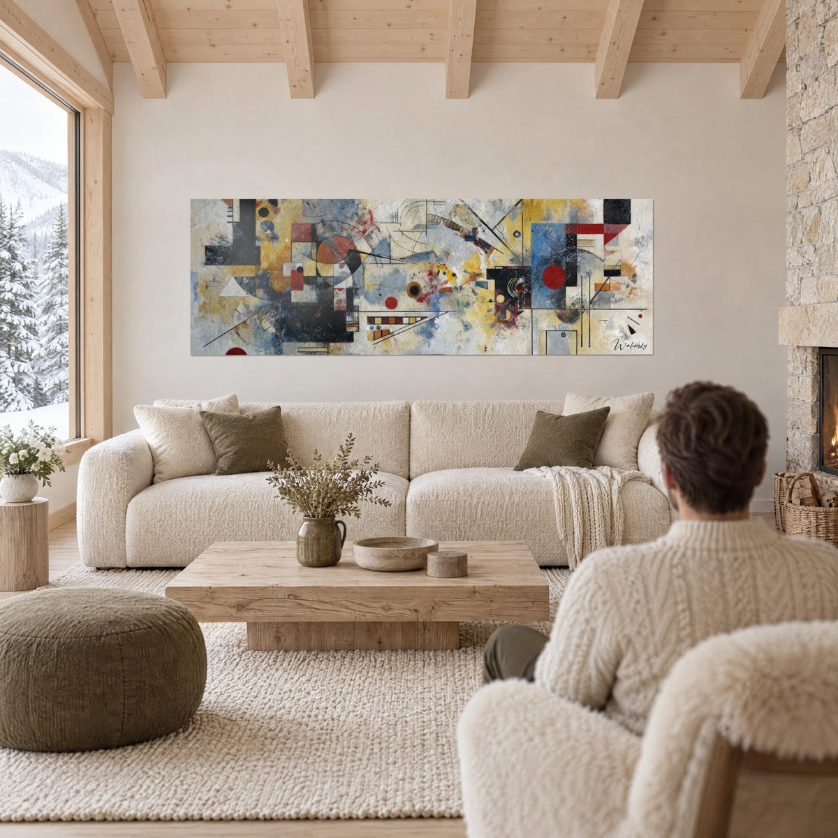 Schilderij met weelderige geometrische compositie in okergeel en leisteenblauw, rode cirkels, boven een bank in een lichte woonkamer