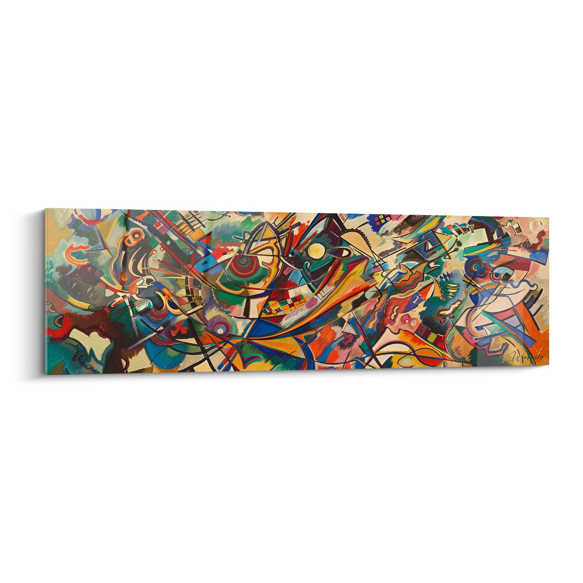 Tableau mural abstrait géométrique aux formes dynamiques et couleurs vibrantes pour décoration moderne
