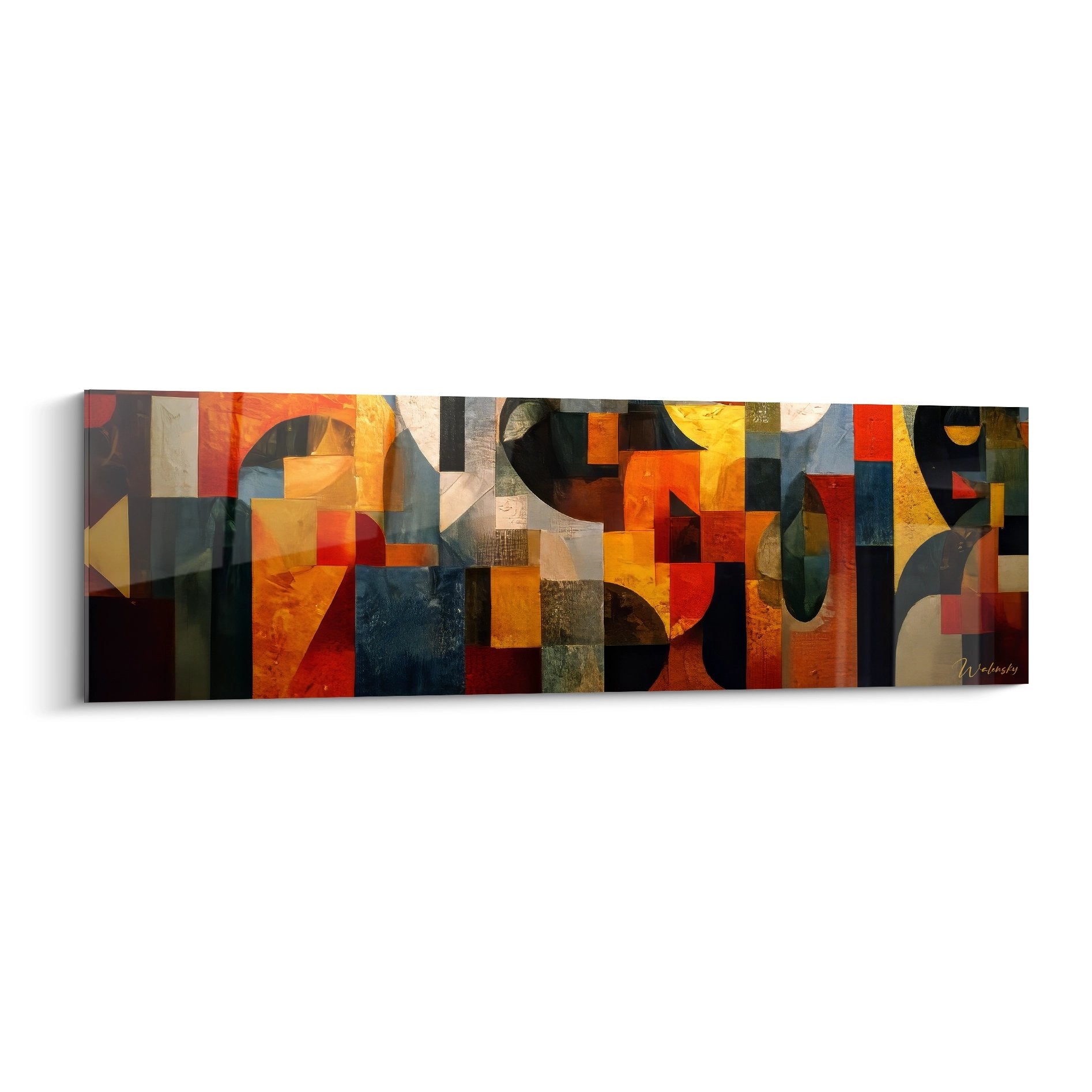 Tableau abstrait géométrique culture africaine aux couleurs chaudes oranges et ocres, art mural moderne panoramique
