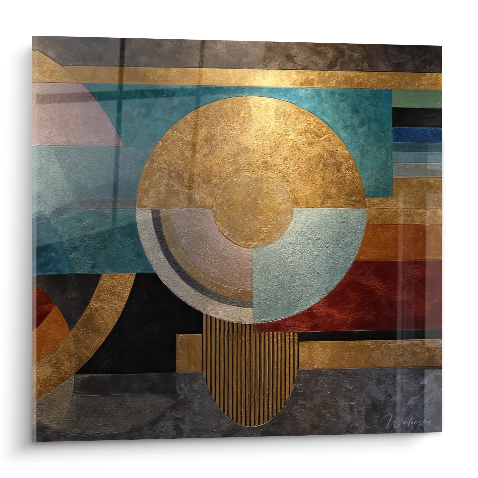 Tableau abstrait géométrique doré et bleu turquoise inspiration culture africaine moderne art mural