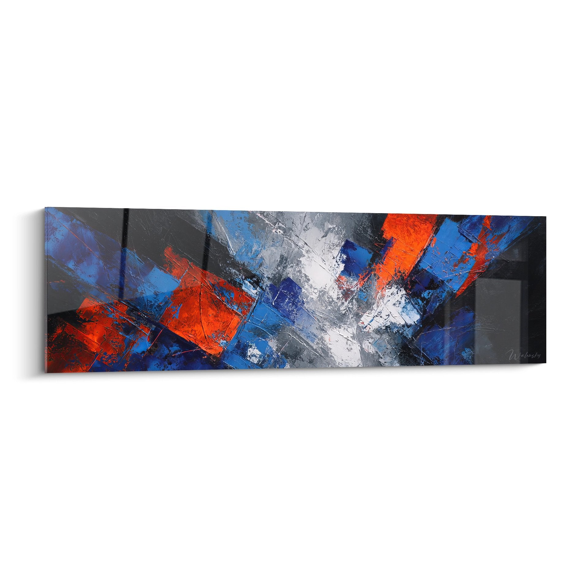 Tableau abstrait géométrique aux couleurs vives rouge bleu blanc avec formes dynamiques modernes