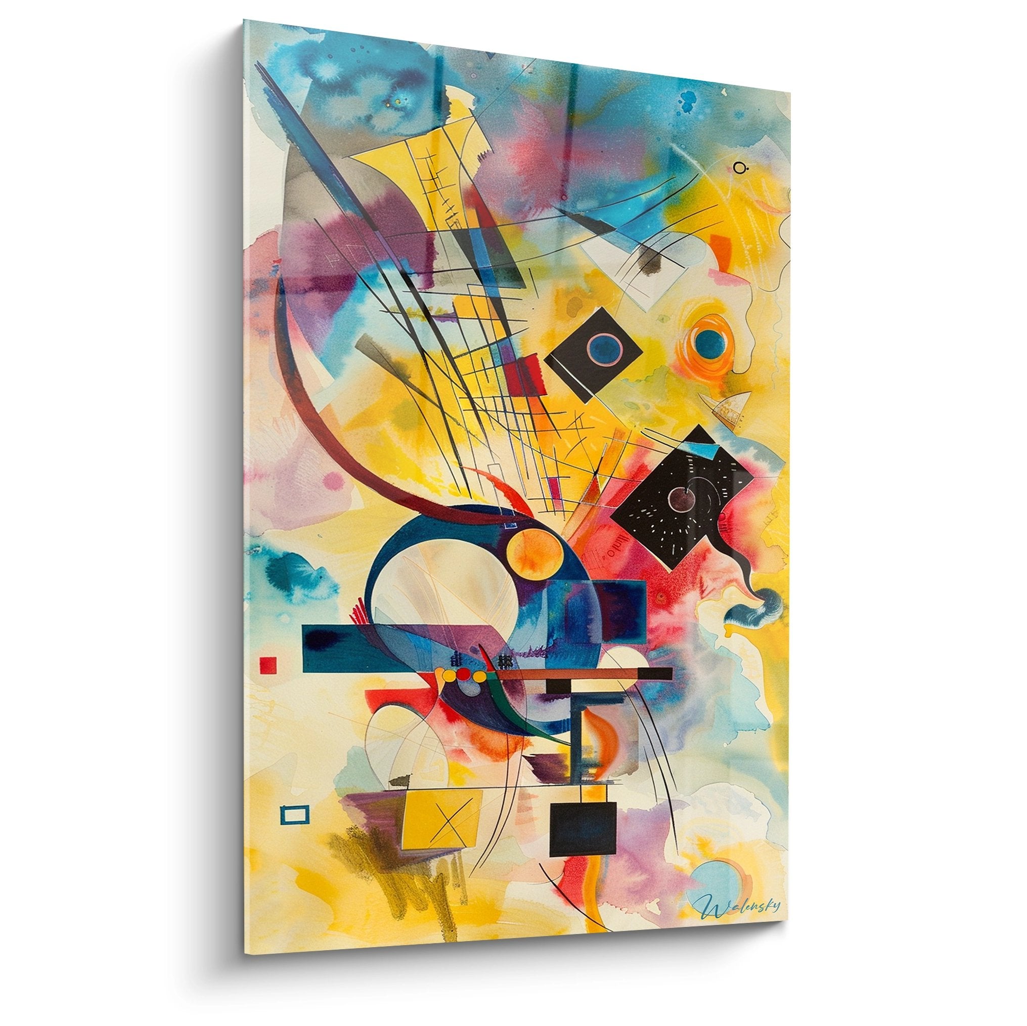 Tableau mural abstrait expressionniste aux formes géométriques colorées et composition dynamique moderne