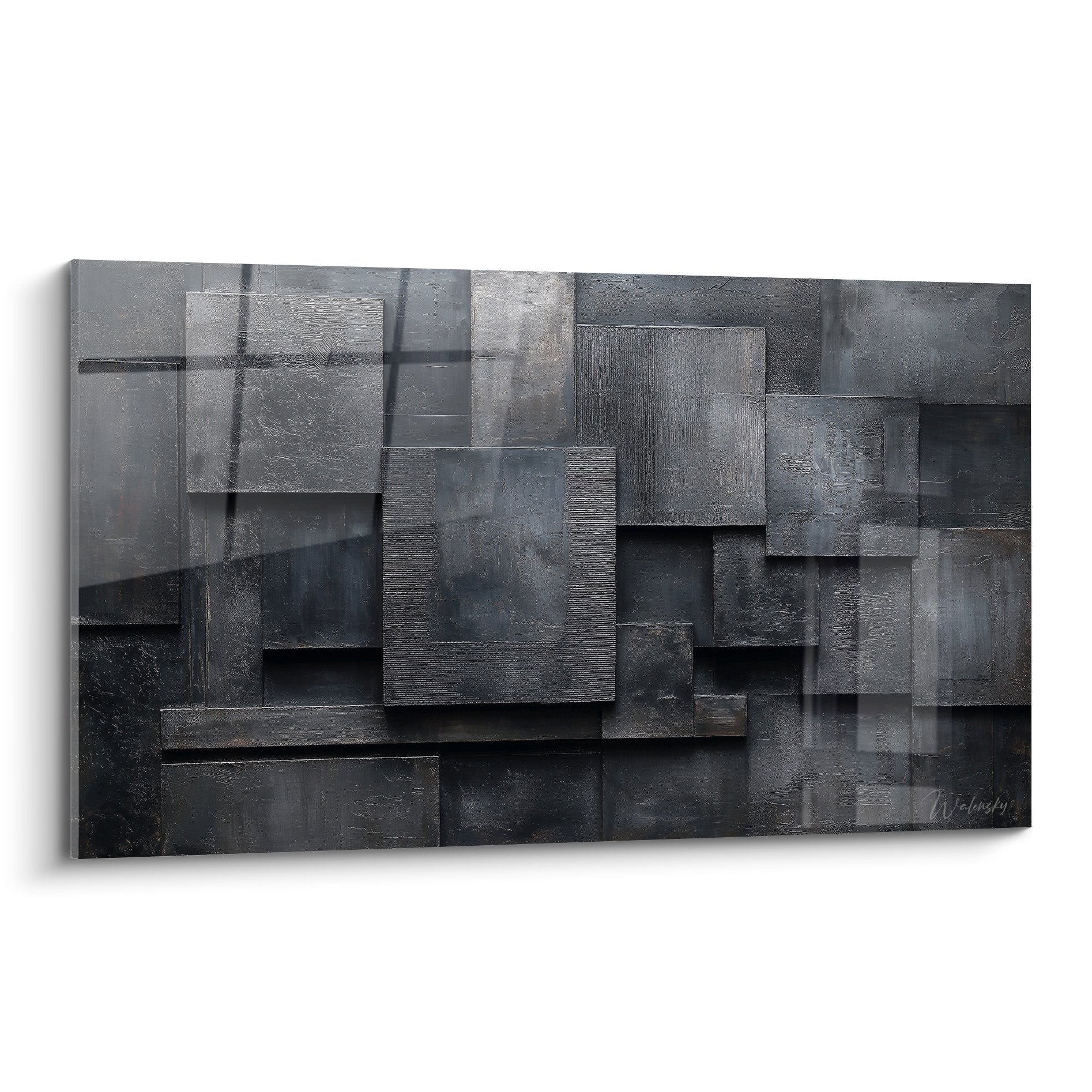 Tableau abstrait geometrique gris anthracite composition reliefs metalliques feng shui nord ouest metal moderne