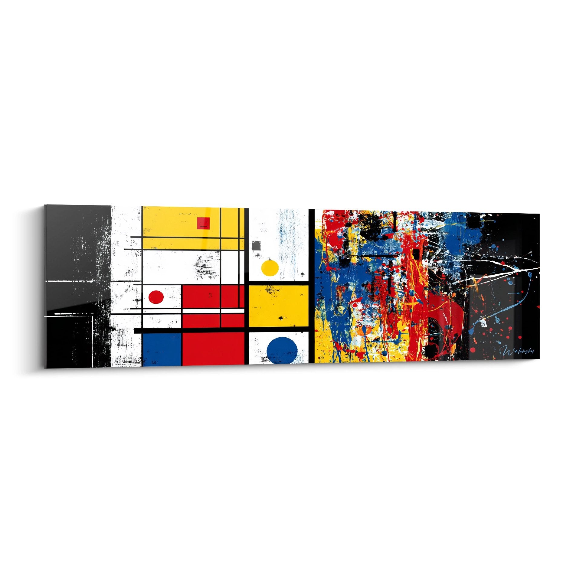 Tableau abstrait géométrique tripartite inspiré Mondrian et Pollock avec couleurs primaires vives