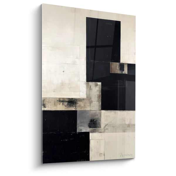 Abstract geometrisch zwart-beige schilderij aardetinten - Mineraal evenwicht - Feng shui West Metaal editie