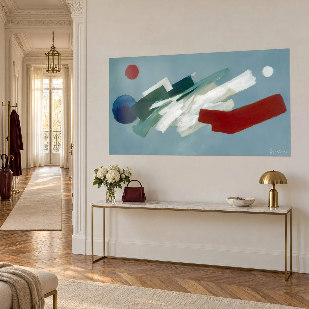 Tableau composition abstraite aux plages blanches, vert sapin et rouge brique, disque bleu marine, au-dessus d'une console dorée
