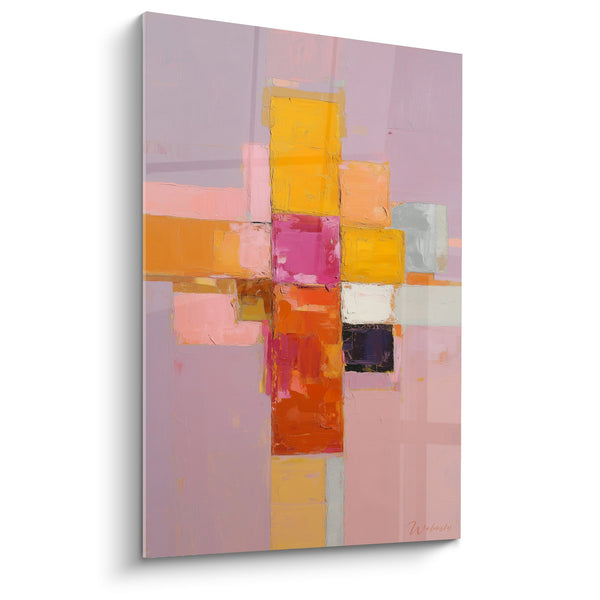 Abstract roze en oranje geometrisch schilderij met kleurrijke vierkante vormen - Chromatische harmonie - Feng shui-editie Zuidwest Aarde