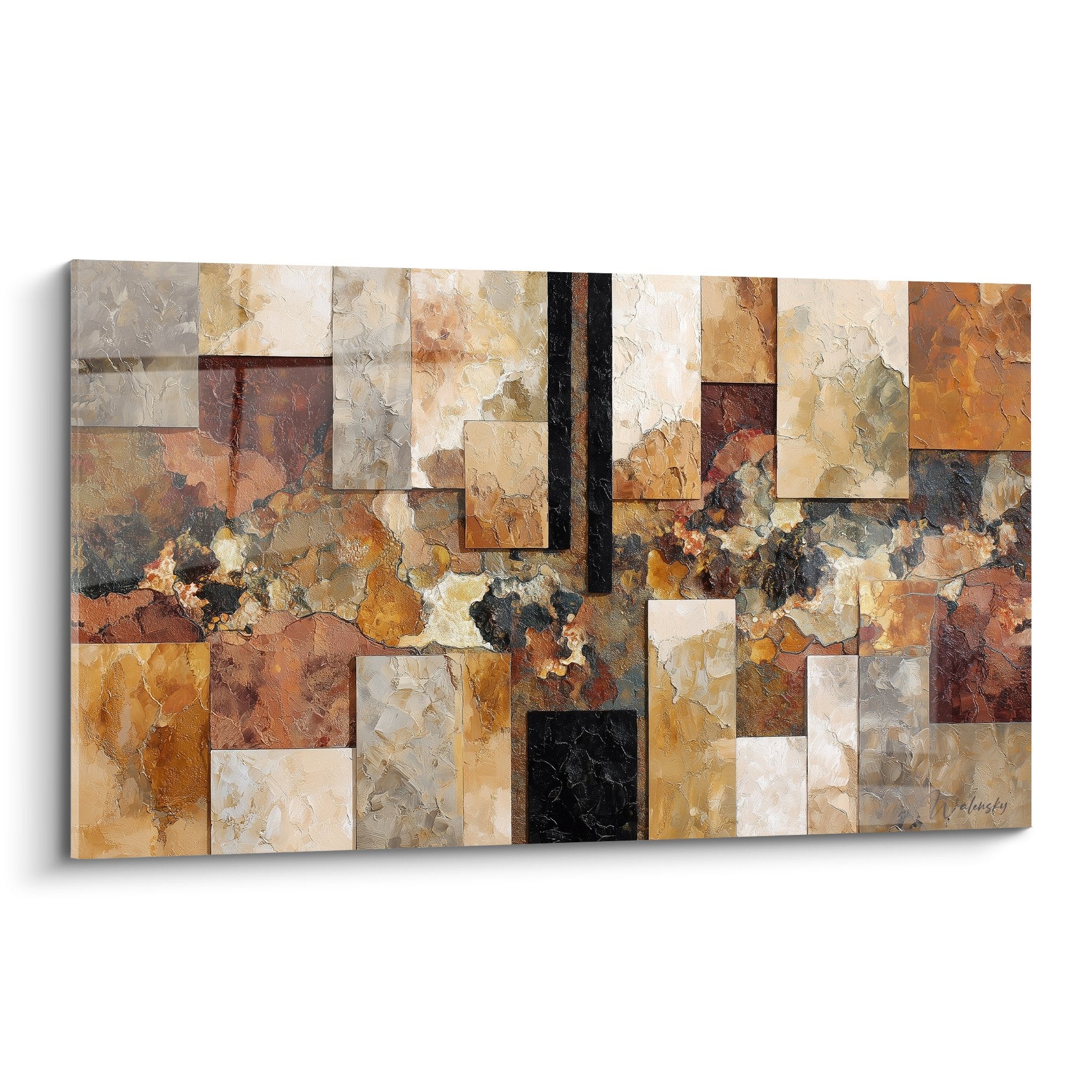 Abstract geometric wall art earth tones ochre beige modular composition feng shui earth center