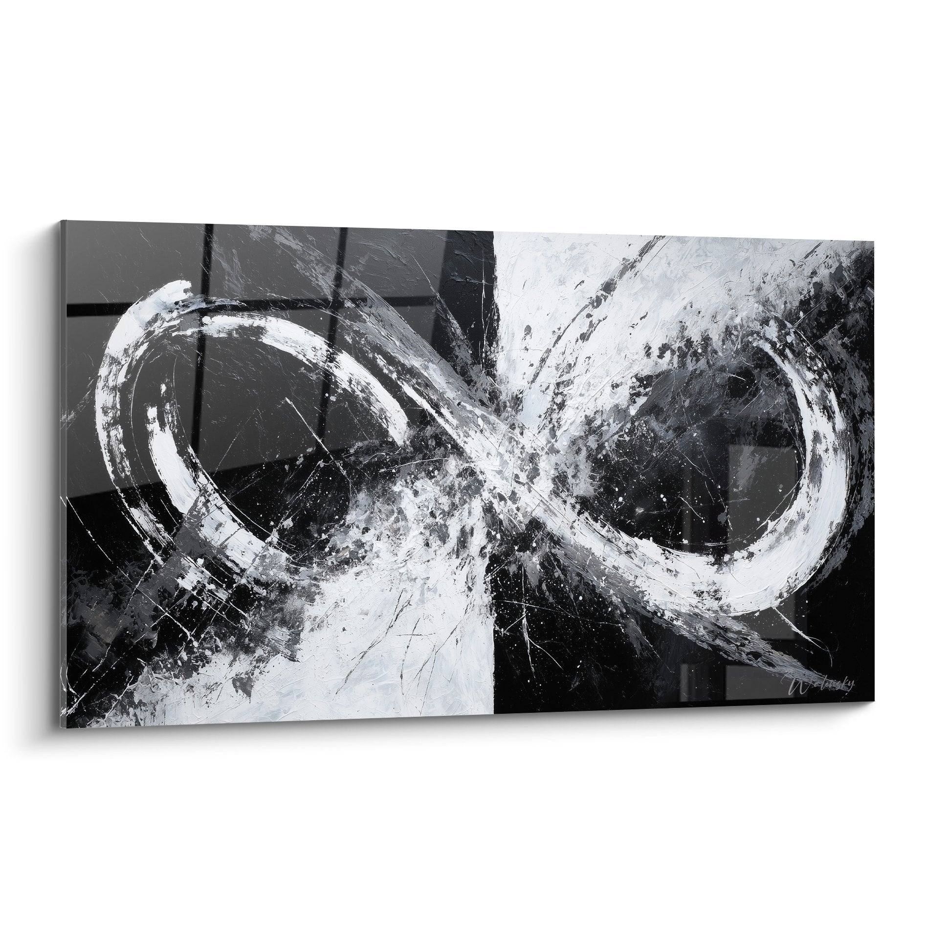 Tableau abstrait noir et blanc gestuel aux mouvements circulaires expressifs style feng shui ouest metal