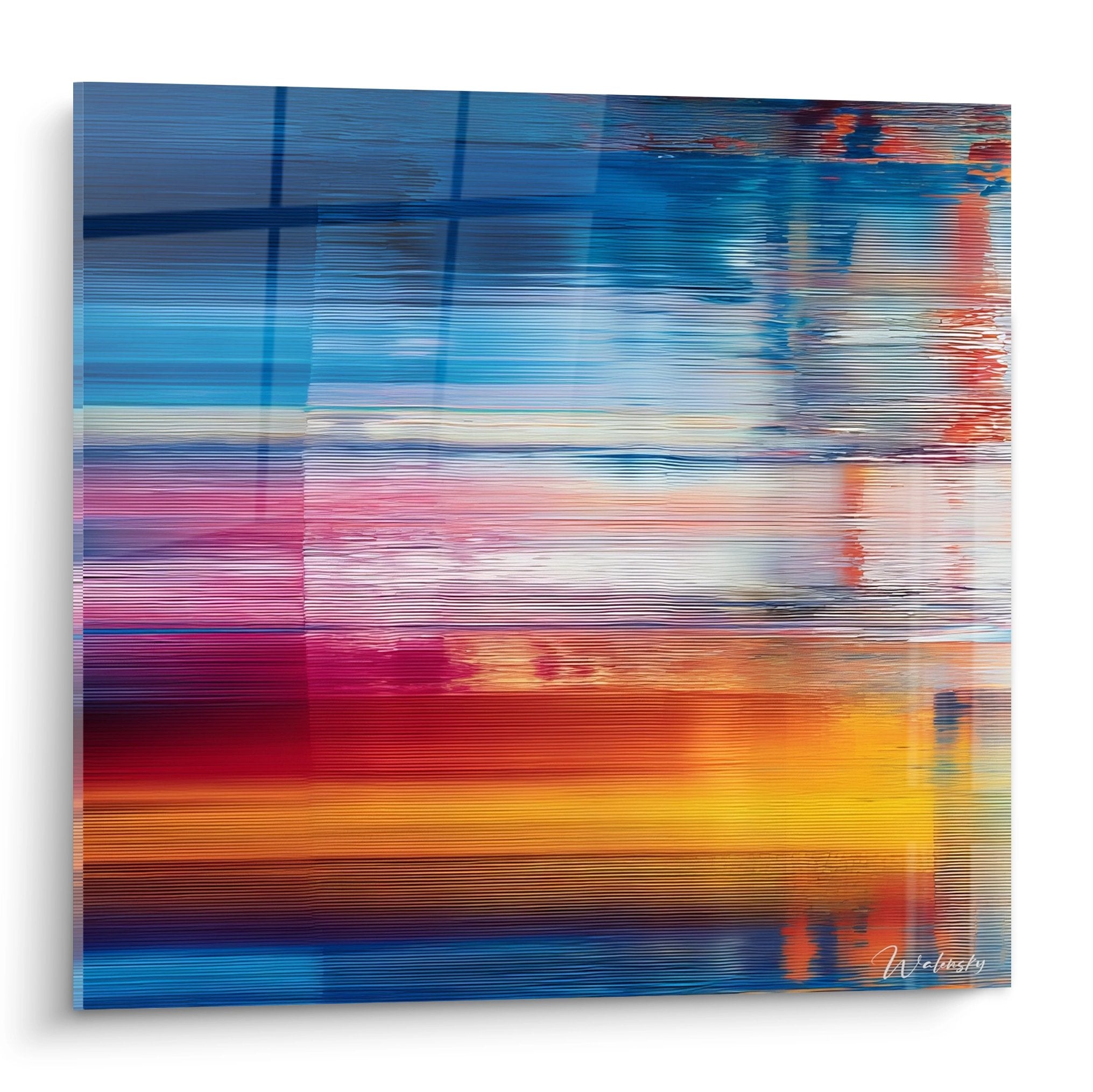 Tableau abstrait style raclé effet glitch numérique aux couleurs vives bleu orange rouge