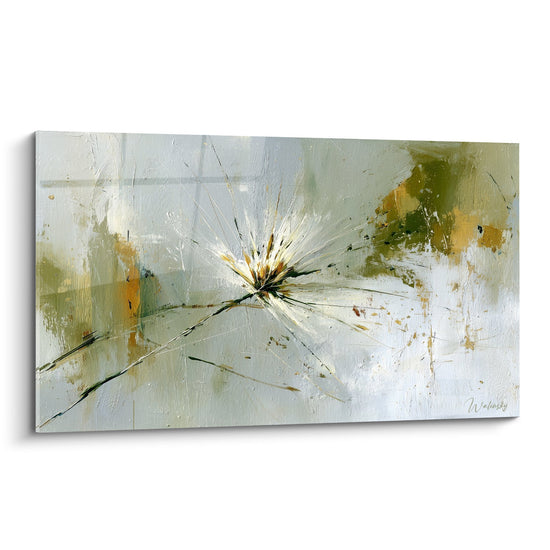 Tableau abstrait explosion blanche centrale sur fond vert olive et ocre graminées