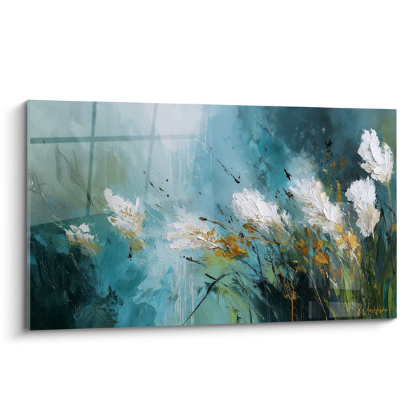 Abstract Turquoise and White Artwork with Golden Accents - Natural Movement - Grasses Edition