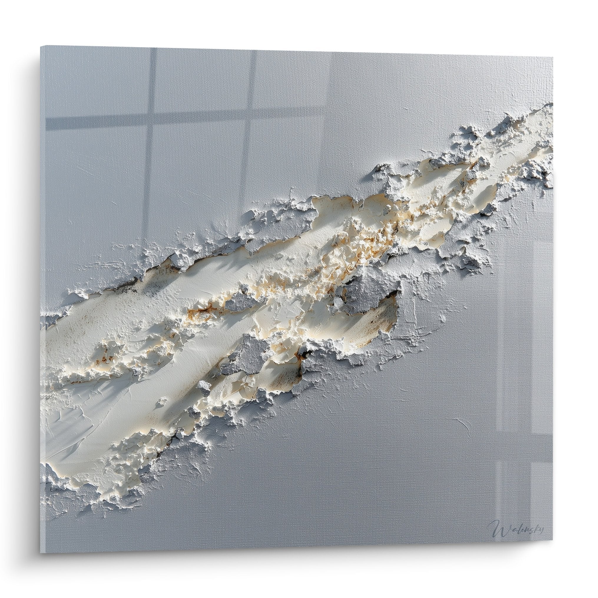 Tableau abstrait moderne gris argent avec reliefs dores texture feng shui metal decoration murale