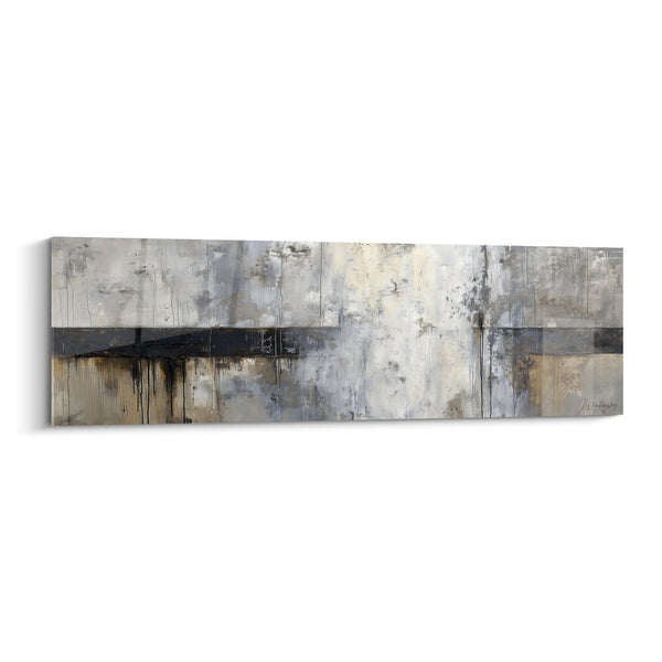 Abstract grijs beige en zwart schilderij met donkere horizontale band - Minerale Balans - Feng Shui Noordwest Metaal Editie