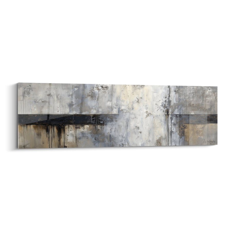 Tableau abstrait gris beige et noir avec bande horizontale sombre - Équilibre minéral - Edition Feng shui Nord-Ouest Métal