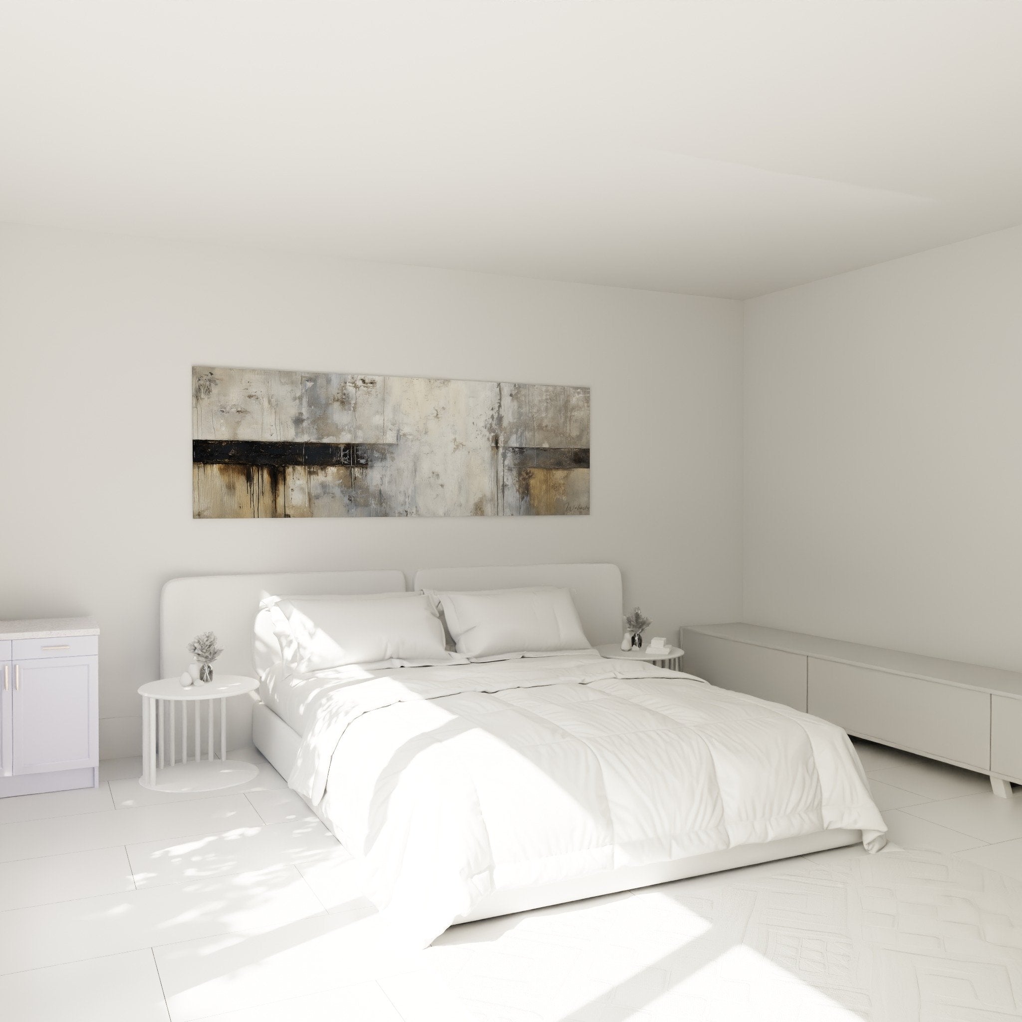 Tableau abstrait gris beige accroché dans chambre moderne ambiance zen feng shui nord-ouest metal