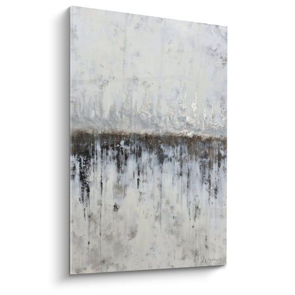 Abstract schilderij grijs en wit met verticale bruine verlooplijnen - Herfstregen - Feng Shui West Metaaleditie