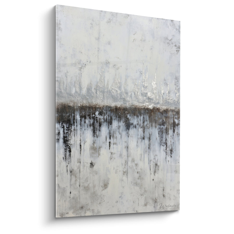 Tableau abstrait gris et blanc aux coulures verticales brunes - Pluie d'automne - Edition Feng shui Ouest Métal