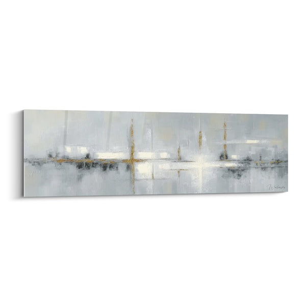 Cuadro abstracto gris y blanco con toques dorados - Armonía celestial - Edición Feng Shui Noroeste Metal