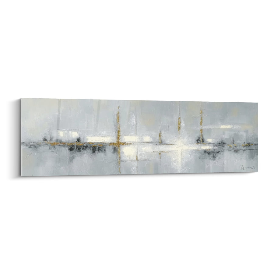 Tableau abstrait gris et blanc avec touches dorées - Harmonie céleste - Edition Feng shui Nord-Ouest Métal