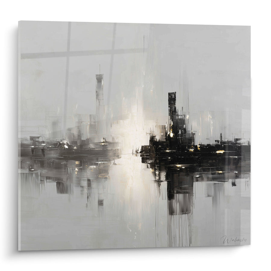 Tableau Abstrait Gris et Blanc aux Reflets Dorés - Harmonie Urbaine - Edition Feng shui Ouest Métal