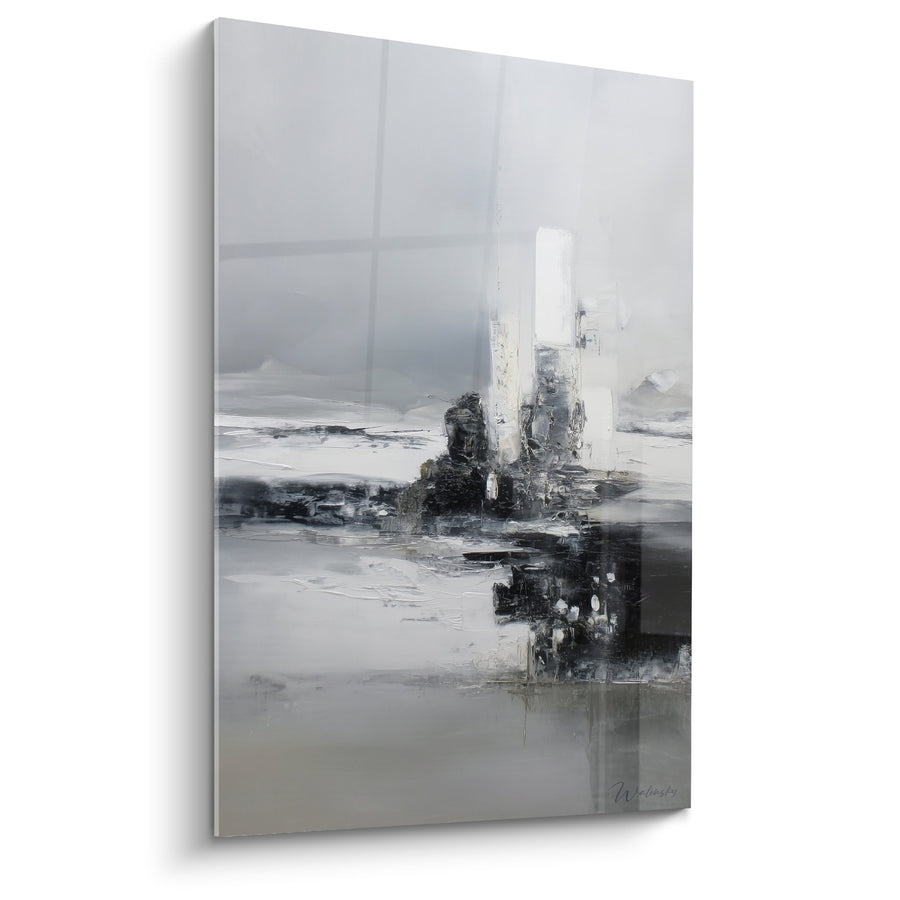 Tableau abstrait gris et blanc avec structure centrale noire - Équilibre Minéral - Edition Feng shui Ouest Métal