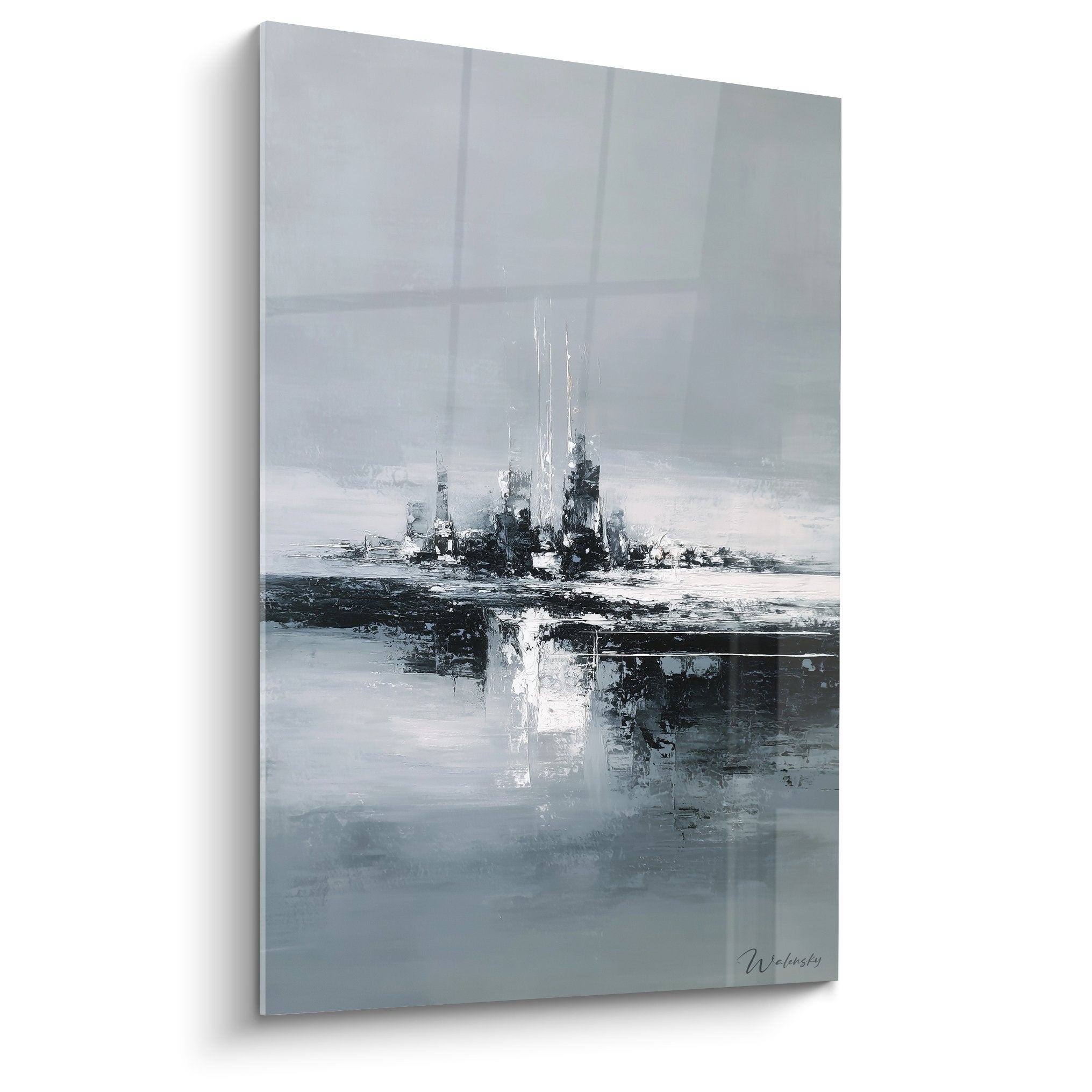 Abstract gray and white painting with aquatic reflections, dark vertical shapes, calming modern composition
